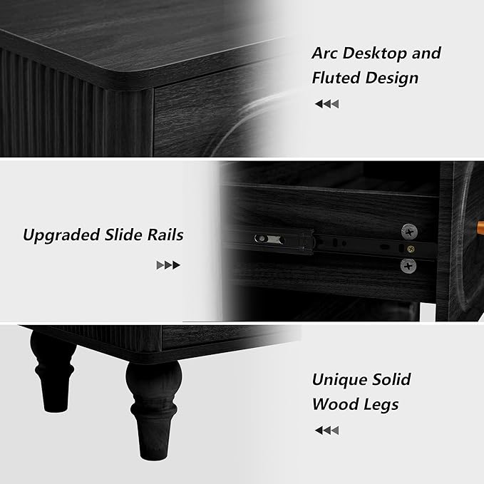 ORRD 5 Drawer Fluted Dresser for Bedroom Set of 2, Mid Century Modern Chest of Drawers, Wood Storage Large Dresser Organizer for Bedroom Living Room Hallway Closet, Black