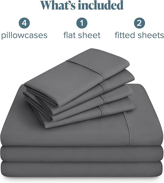 Bare Home Hotel Luxury Split Queen Sheet Set, Extra Soft, 7 Piece Set, Deep Pockets, Easy Fit, Cooling & Breathable, Wrinkle, Fade, Stain Resistant, Includes 4 Pillowcases (Split Queen, Grey)