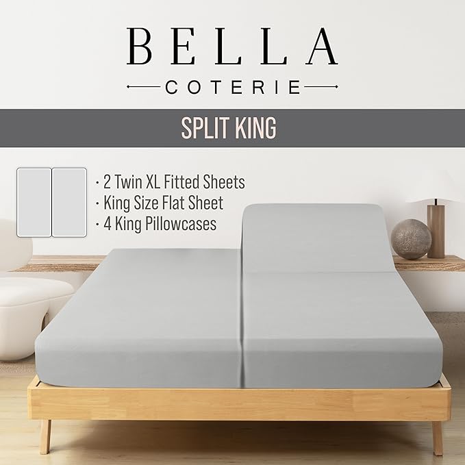Bella Coterie 7 Piece Luxury Bamboo Viscose Split King Size Sheet Set | 2 Fitted Sheets for Adjustable Beds | 100% Organically Grown | Cooling for Hot Sleepers | 4 Pillowcases [Grey Mist]