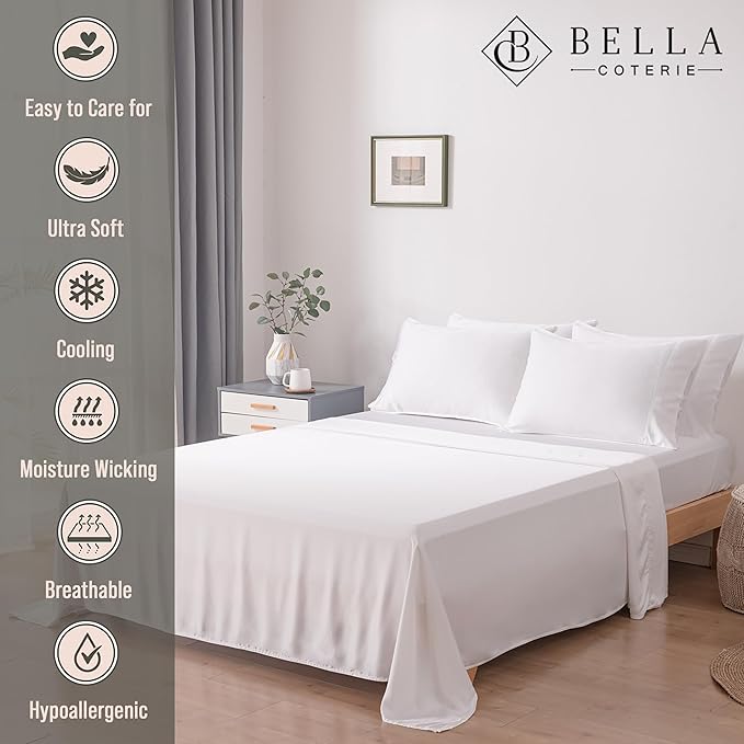 Bella Coterie 6 Piece Luxury Bamboo Viscose California King Size Sheet Set | 100% Organically Grown | Cooling for Hot Sleepers | 18" Deep Pocket | Soft & Hypoallergenic | 4 Pillowcases [White]