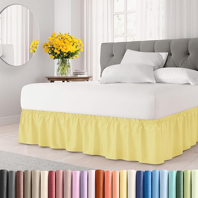 Wrap Around Dust Ruffle Bed Skirt - Yellow - for King Size Beds with 18 Inch Drop - Easy Fit Elastic Strap - Adjustable Pleated Bedskirt w/Brushed Fabric - Wrinkle Free - for Women, Men, Kids & Teens