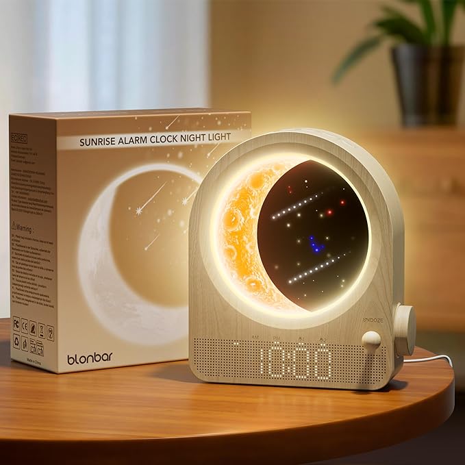 Sunrise Alarm Clocks for Bedrooms, Stepless Dimmable Moon Lamp Dual Alarm Clock with 12Levels Volume for Heavy Sleepers, 10 Natural Sounds with 30/60/90mins Timer, Gifts for Women