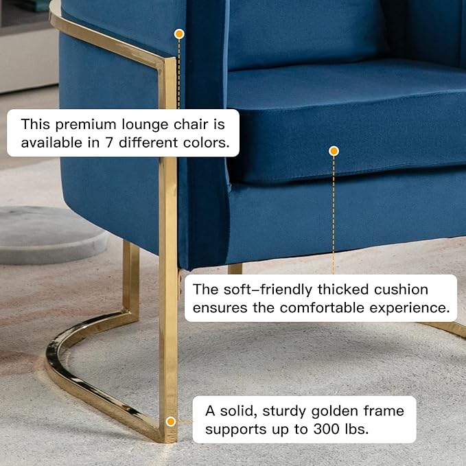 Velvet Accent Chairs Set of 2, Mid Century Modern Upholstered Armchair with Pillow for Living Room, Comfy Barrel Single Vanity Chair with Metal Gold Legs for Bedroom, Blue