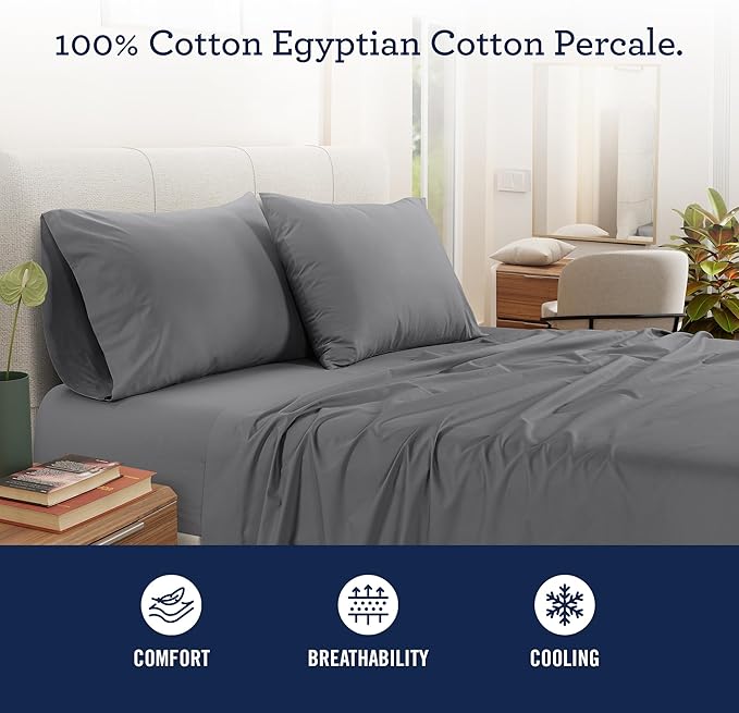 IZOD 100% Egyptian Cotton Sheets Set Twin XL Size, Cotton Percale Crisp Sheet Set 3Pc,Lightweight & Deep Pocket fits Upto 17", Long-Staple Soft Combed, Hotel Style Luxury Bedding Sheet-Carbon Steel
