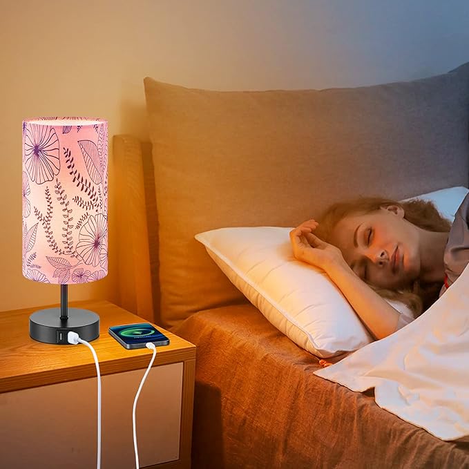 Bedside Table Lamp, Modern Touch Control Desk Lamp with 2 USB Ports & Round Flower Linen Fabric Shade, 3 Way Dimmable Small Nightstand Lamp for Bedroom Living Room Home Office Pink(LED Bulb Included)