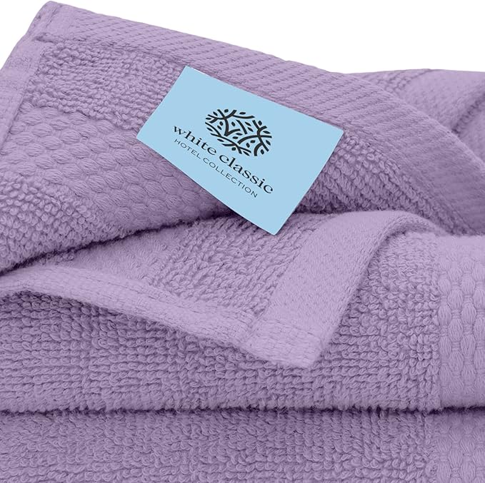White Classic Luxury Cotton Washcloths 13x13 Inch - 650 GSM Turkish Cotton | Hotel, Spa, Bathroom Face Towel | 12 Pack, Lavender