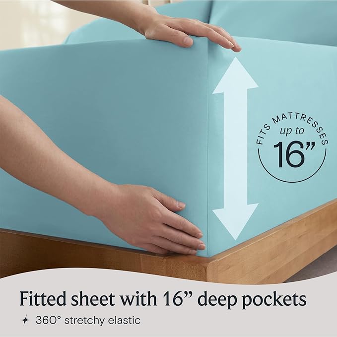 LuxClub 4 PC Queen Sheet Set, Deep Pockets Wrinkle Free Cooling Bed Sheets Hotel Bedding for Women, Men, Includes 1 Fitted Sheet, 1 Flat Sheet and 2 Pillowcases-Silky Soft Aqua