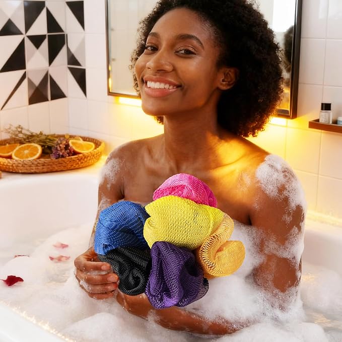 African Net Sponge Authentic 3 Pieces with Storage Bag, African Exfoliating Net Sponge Washcloth, Exfoliating Body Scrubber Bath Sponge Bathing Accessories (Rose, Purple, Bright Yellow)