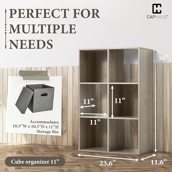 CAPHAUS Sturdy Room 11-Inch Cube Storage Organizer Shelf, with Thick Exterior Edge, Storage Shelf Divider w/Back, Bookcase, 6-Cube, Rustic Grey Oak