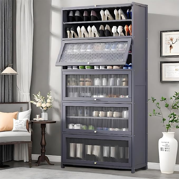 Tall Shoe Cabinet with Acrylic Doors, 10-Tier Large Capacity Bamboo Shoe Cabinet, 40-45 Pairs Freestanding Shoe Rack & Shoe Organizer for Closet Entrance, Hallway, Living Room, Bedroom