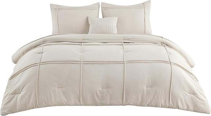 Bedsure Beige Queen Comforter Set - 4 Pieces Grid Pleated Bed Set, Down Alternative Bedding Sets for All Season, 1 Comforter, 2 Pillowcases, 1 Decorative Pillow