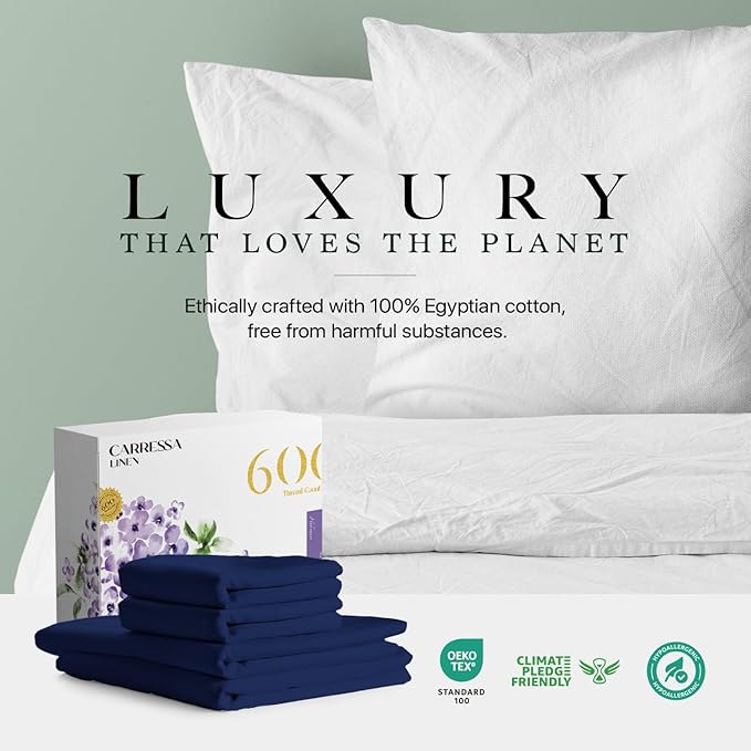 Carressa Linen 100% Egyptian Cotton Queen Sheet Set - 600 Thread Count Egyptian Cotton Queen Sheets Set (4 PC, Indigo), Ultra Soft, Cooling, 16" Deep Pocket Sateen Weave Luxury Hotel Bed Sheet