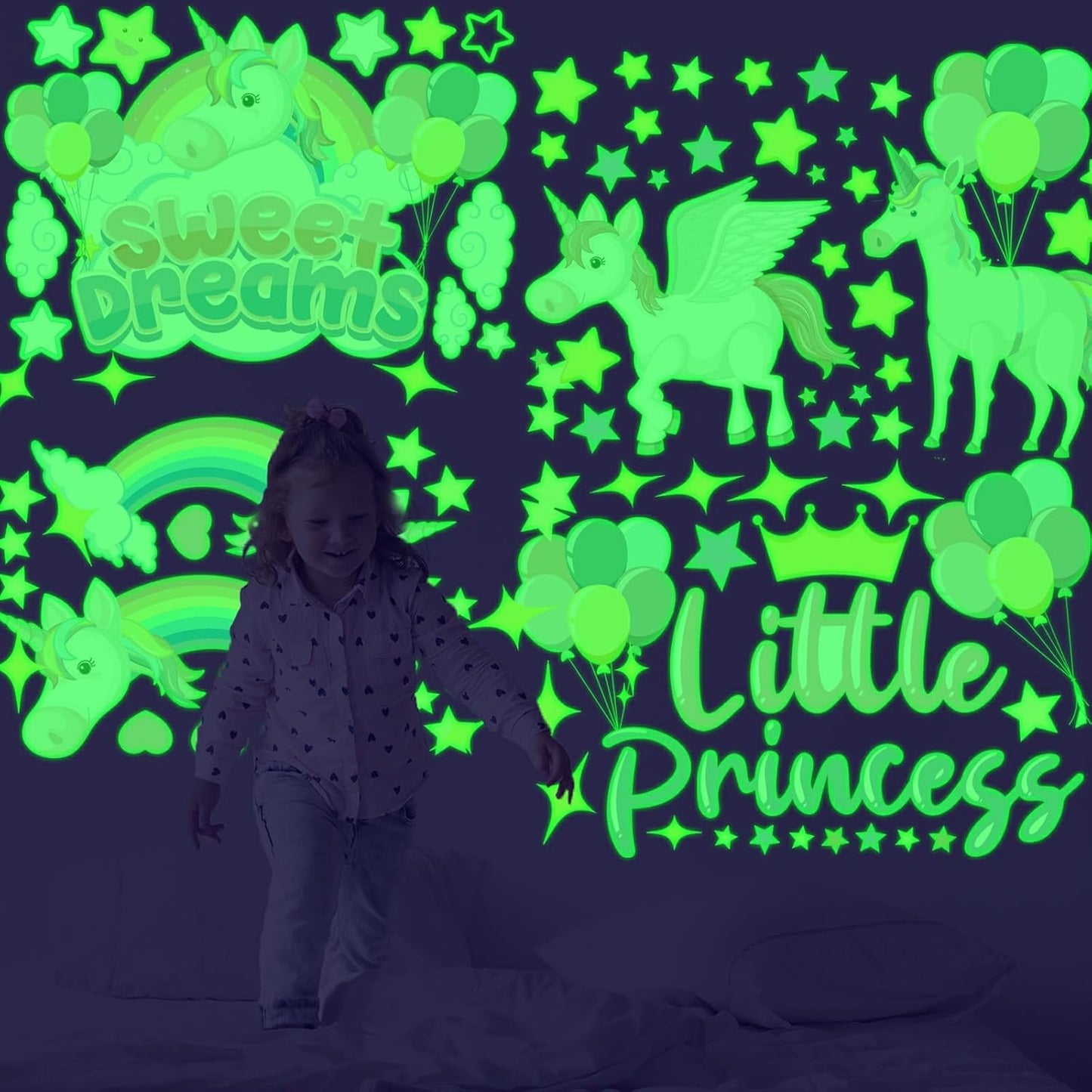 Glow in The Dark Stickers, 89 PCS Glow Stars Unicorn Ceiling Stickers Unicorn Rainbow Sweet Dreams Wall Decals for Kids Girls Bedroom Nursery Playroom Party Room Decor