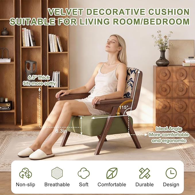 Mid Century Modern Accent Chair, Fabric Upholstered Lounge Arm Chair with Solid Wood Frame for Living Room, Bedroom, Office, Reading Corner (Feather Print, Set of 2)