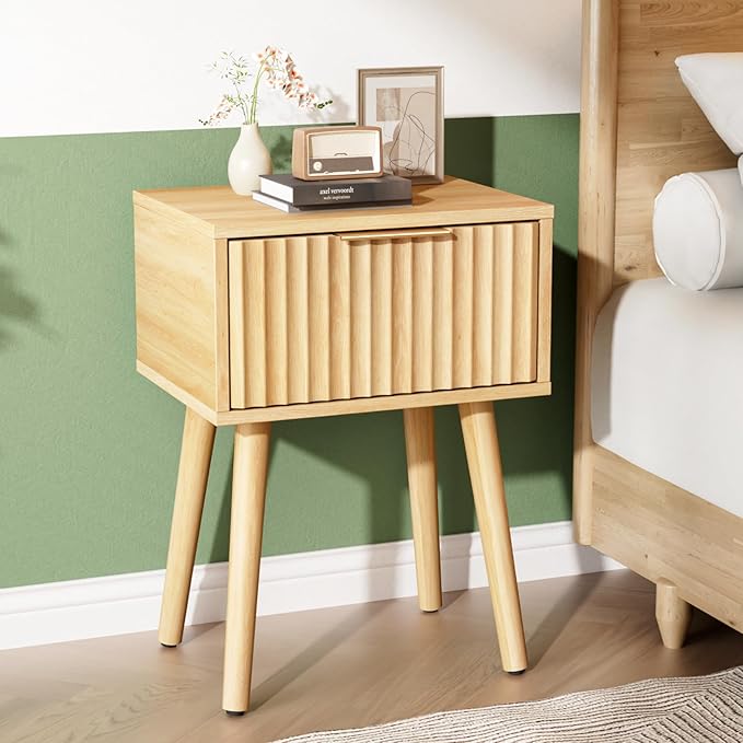 VINGLI Night Stand, Fluted Nightstand Wood, Mid Century Modern Nightstand for Bedroom, Bedside Table, Wood Side Table, Small Night Stand Oak, 15.75" W*11.81" D*21.85" H