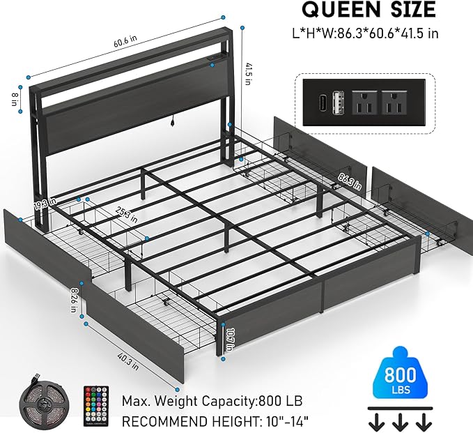 Queen Bed Frame with Storage Headboard and 4 Drawers, Metal Platform Bed Frame with LED Light, Charging Station, No Box Spring Needed, Noise Free, Easy Assembly,Charcoal Grey