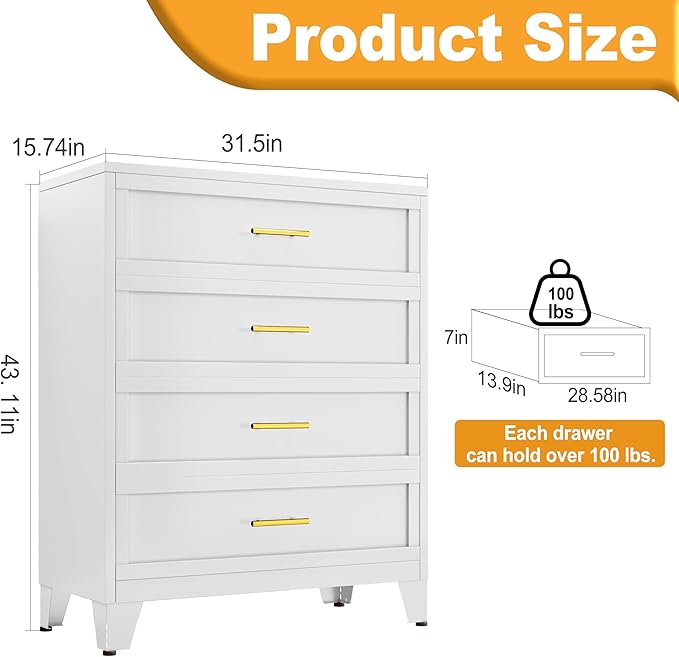 Metal Dresser, White Tall Dresser for Bedroom, 43.11" H Dressers & Chests of Drawers, 4 Drawer Dressers for Living Room, Entryway, Hallyway (White, 4 Drawers)