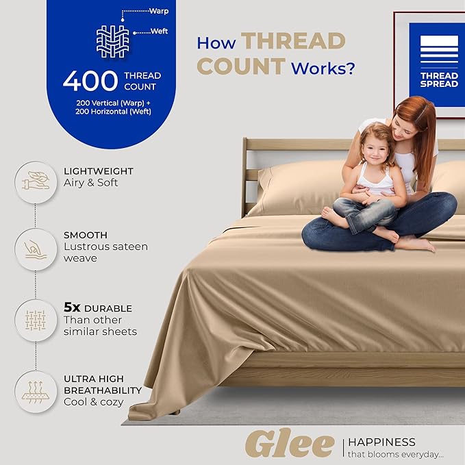 THREAD SPREAD 400 Thread Count King Cotton Sheets - 4 PC King Size Bed Sheet Set Cotton (Taupe), Soft, Cooling, Hotel-Quality 16" Deep Pocket Sateen Bedsheet for Hot Sleepers (Fits 18" Mattress)