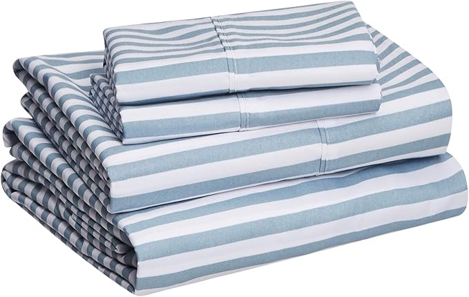 Amazon Basics Lightweight Super Soft Easy Care Microfiber 4 Piece Bed Sheet Set With 14-inch Deep Pockets - Queen, Dusty Blue Pinstripe,Printed