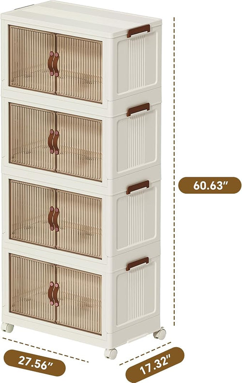 130 QT Large Plastic Storage Bins with Lids Open Front, Stackable Storage Containers with Wheels for Clothes, Home, Room, White, 4 Tiers