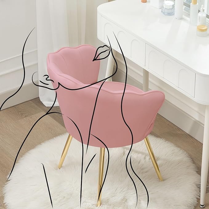 Velvet Vanity Chair with Back, Mid-Century Modern Small Accent Chair for Living Room, Golden Metal Legs Upholstered Makeup Chair, 1Pcs Bedroom Armchair, Pink