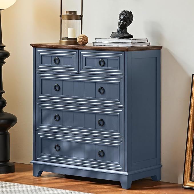 Farmhouse 5 Drawer Dresser for Bedroom, 33.2" Tall Small Dressers & Chest of Drawers, Rustic Wood Dresser with Metal Handle, Storage Organizer Closet for Living Room, Hallway, Entryway
