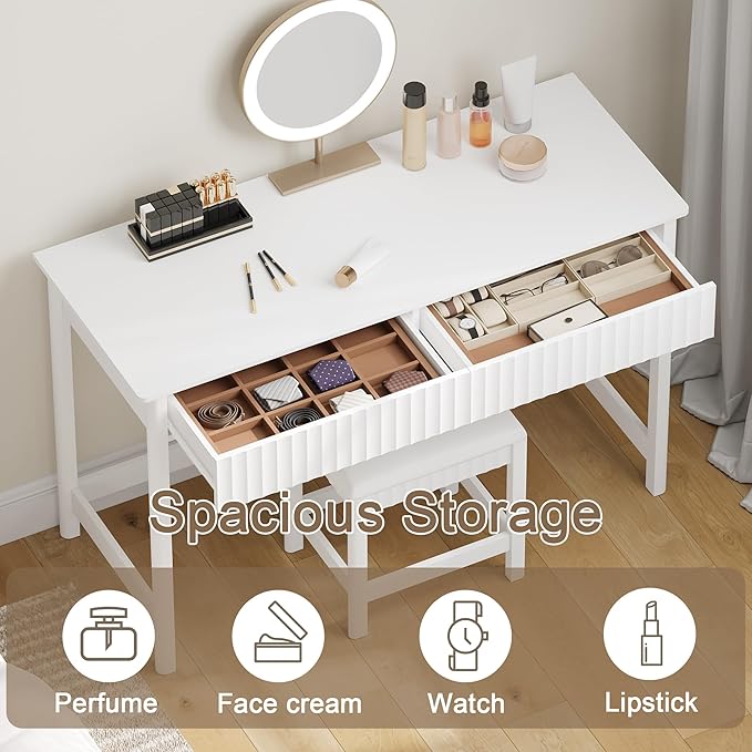 ChooChoo 47.2 Inch Modern Desk with Drawers, Makeup Vanity Desk with Padded Stool, Writing Computer Desk for Home Office & Bedroom, White