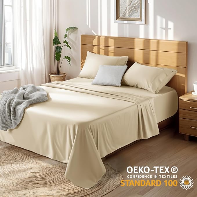 LBRO2M 100% Cotton Sheets Set Deep Pocket 19", 1000 Thread Count Full Size 4 Piece Bed Sheet Sets Soft Comfortable Bedding All Season (Full, Linen)