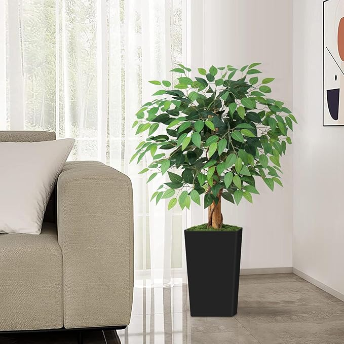 4ft Ficus Artificial Tree with 3 Natural Curved Trunks, 48" Tall Lush Faux Tree for Home Decor Indoor, Green Lifelike Fake Ficus Tree with Black Planter Pot