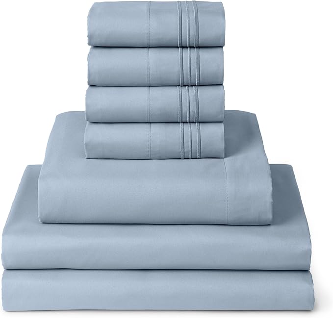 Mellanni Split King Sheet Set - 7-Piece Iconic Collection Bedding, (Including 4 Pillowcases), 16-Inch Deep Pocket, Easy Care, Extra Soft, Cooling Sheets, Brushed Microfiber - Blue Hydrangea