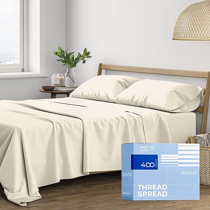 THREAD SPREAD 100% Cotton Bed Sheets Queen Sheet Set - 400 Thread Count Sheets Queen Size 4 PC Set (Ivory), Soft, Cooling, Hotel-Quality 16" Deep Pocket Sateen Cotton Bedsheet for Hot Sleepers