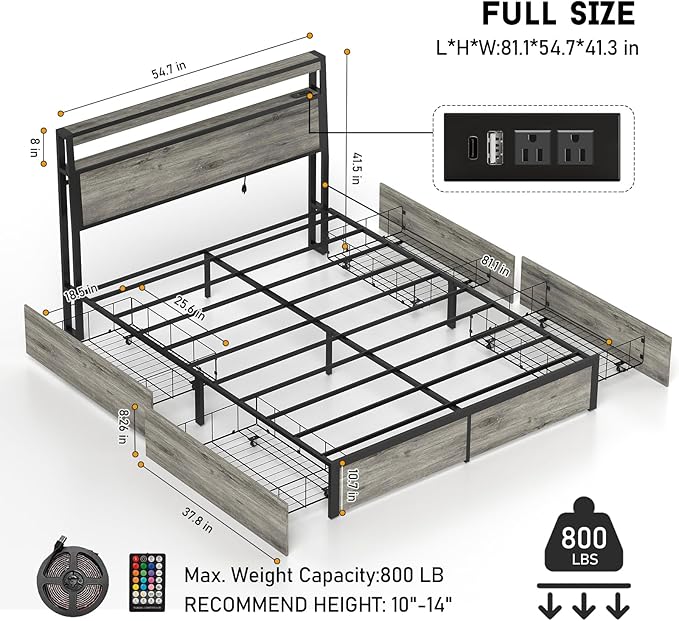Full Size Bed Frame with 4 Storage Drawers and Headboard with Charging Station and LED Lights,2 Tier Solid Wood Headboard Storage/Noise Free/No Box Spring Needed/Remote Control/Rustic Grey