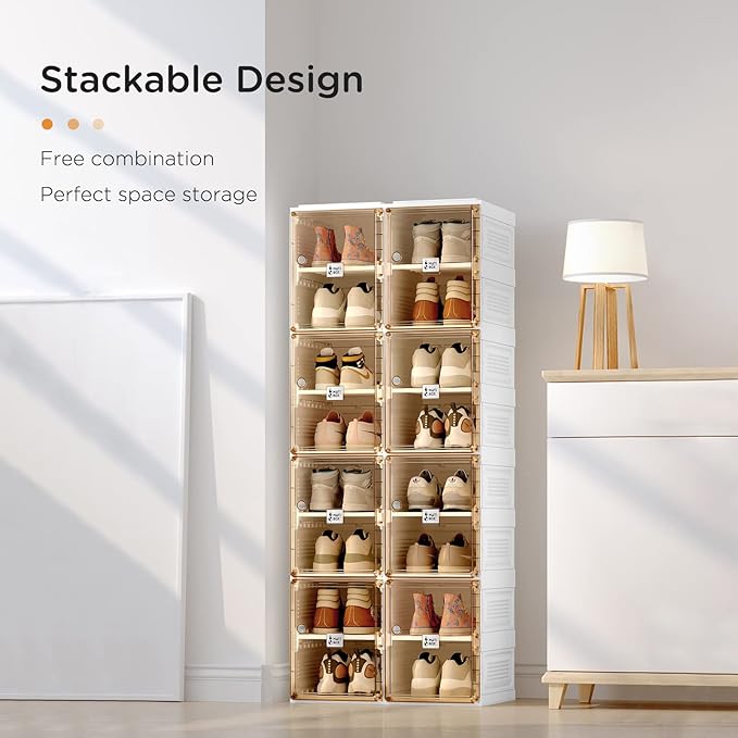 ANTBOX Shoe Organizer Storage Box, Portable Folding Shoe Rack for Closet with Magnetic Clear Door,Large Sneaker Cabinet Bins Sturdy Easy Assembly 8 Layers-8 Grids