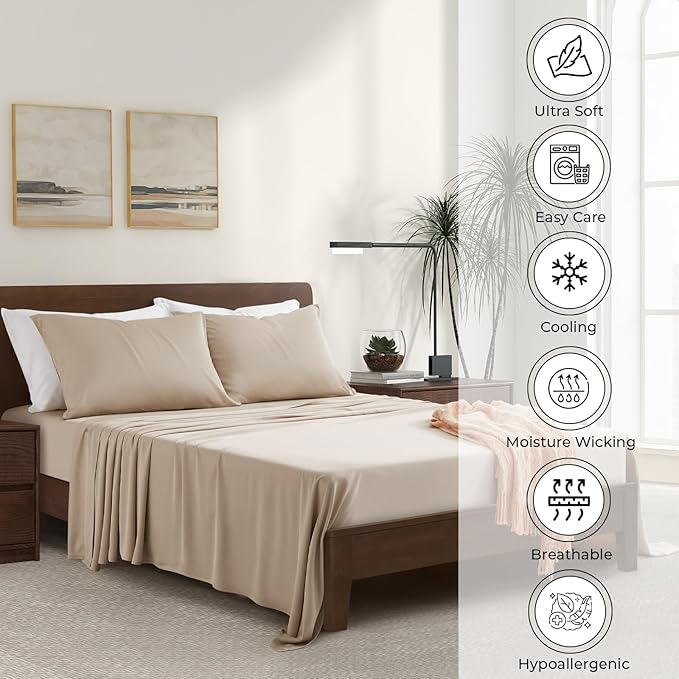 Luxury Bamboo Market | Queen Size Bed Sheet Set | 100% Viscose Made from Bamboo | Organically Grown | Ultra Soft | Cooling Sheets for Hot Sleepers | 17" Deep Pocket [Dune]