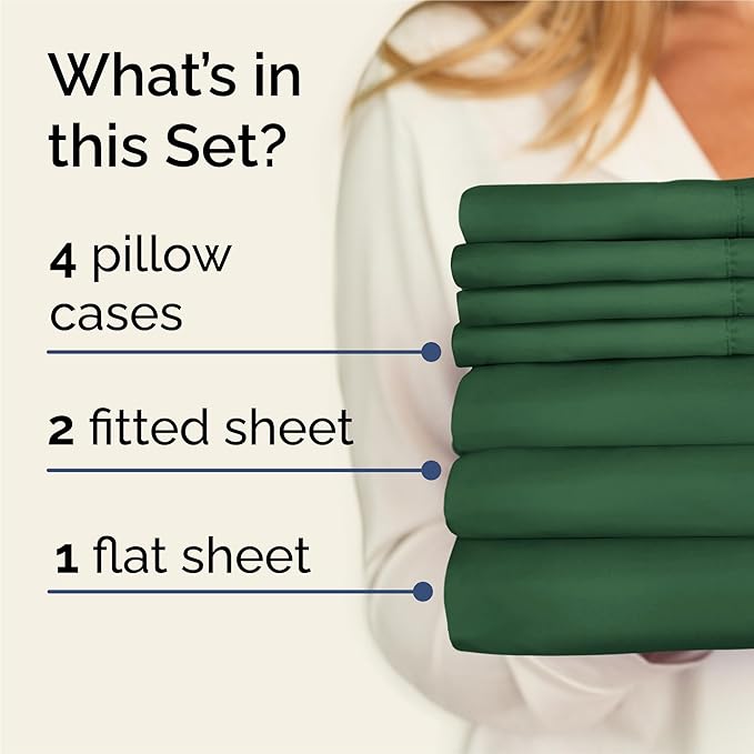 Split King 7 Piece Sheet Set - Cooling & Breathable - Hotel Luxury Bedding, Includes Fitted Sheets for Women, Men, Kids and Teens - 1 Flat, 2 Fitted Sheets, 4 Pillowcases with Deep Pockets - Emerald