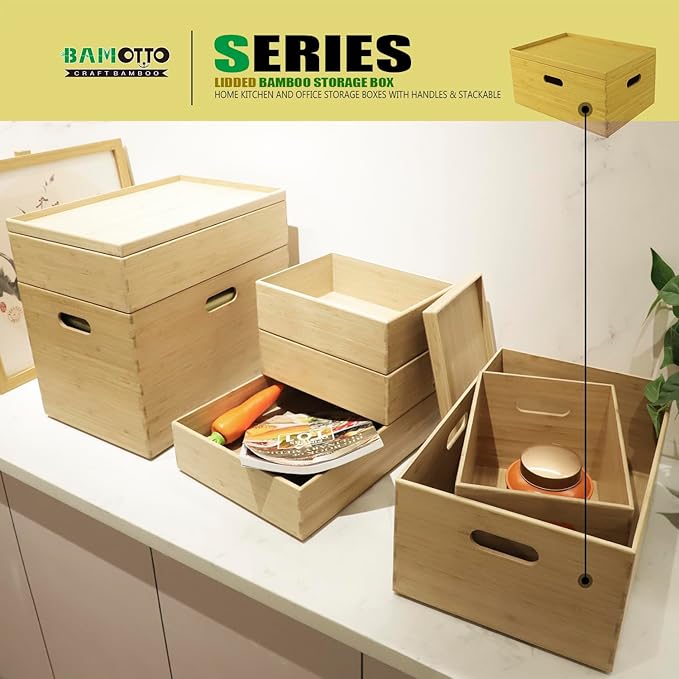 BAMOTTO Lidded Bamboo Storage Bins & Box/Cube/Basket, Home Kitchen and Office Storage Boxes with Handles & Stackable for Organizer Tableware, Clothing, Toys, Office Shelf Books, 14.6”x10.2”x6.5”