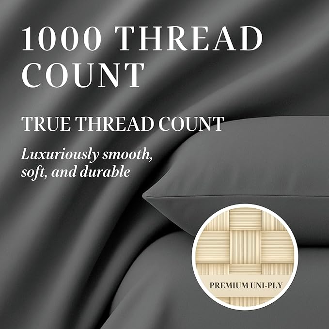 Hyde Lane Luxury 1000 Thread Count 100% Cotton Sheets | Very Soft & Thick - Fits Upto 20" Mattress | Sateen Weave Bed Sheets 18" Deep Pocket- 4 PC Sheet Set (Grey, California King)