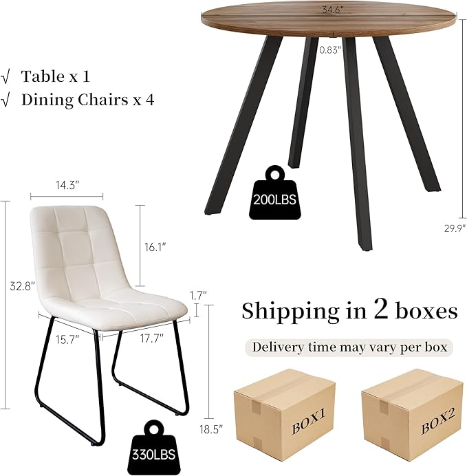 34.6'' Round Dining Table and Chairs for 4 Space Saving for Apartment Kitchen Dining Room (Walnut Table+4 U-Shaped White Chairs)