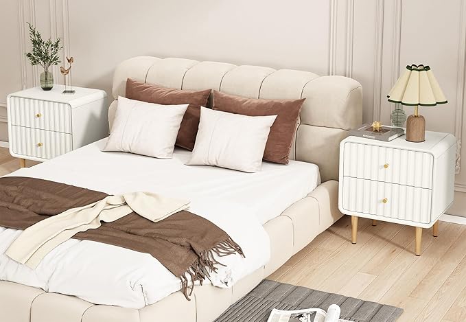 HLR Modern Nightstand, Fluted Bed Side Table with 2 Drawers Storage, Wood End Table with Gold Metal Handle, White Night Stands for Bedroom