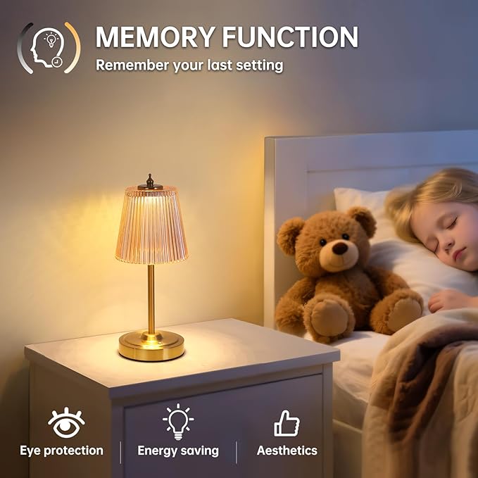 Small Table Lamp with 5200mAh Battery & Touch Control - 3 Adjustable Color Temperatures, Dimmable Rechargeable Table Lamps for Living Room, Bedroom, Bedside (Amber Stripe)