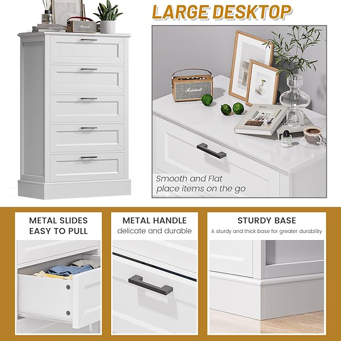 White Dresser for Bedroom, Wood Dresser with 5 Drawers, Chest of Drawer for Bedroom Living Room Entryway Hallway, Modern Farmhouse Style Black Handles 47" Tall