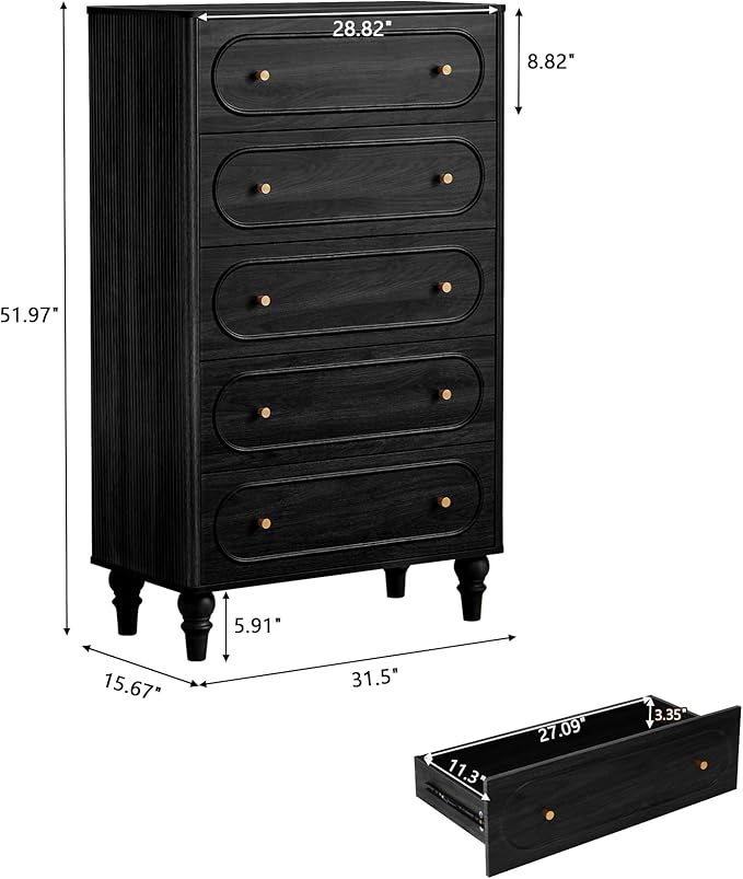 ORRD 5 Drawer Fluted Dresser for Bedroom, Mid Century Modern Chest of Drawers, Wood Storage Large Dresser Organizer for Bedroom Living Room Hallway Closet, Black