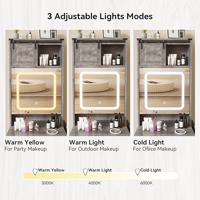 ARTETHYS Farmhouse Small Vanity Desk Set with Mirror Cabinet Compact Makeup Vanities Set with 3 Adjustable Lights and Storage Chair for Compact Space, Gray Dressing Table with Fold-up Panel