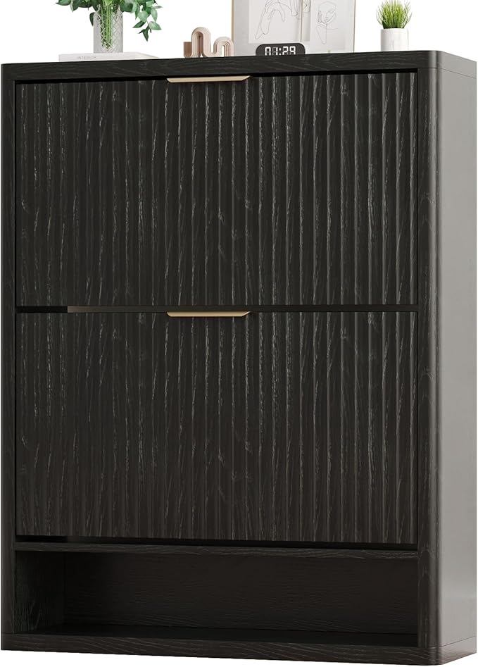 Fluted Shoe Cabinet Storage with 2 Flip Drawers, Narrow Shoe Storage Organizer for Entryway, Hidden Slim Wooden Shoe Rack Cabinet for Front Door Entrance, Hallway, Living Room (2-Drawer, Black)