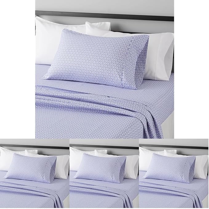 Amazon Basics Lightweight Super Soft Easy Care Wrinkle Free Microfiber 3 Piece Bed Sheet Set with 14-Inch Deep Pockets, Twin, Blue Damask, Printed, Kids, Men & Women Bedding (Pack of 4)
