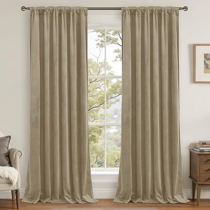 LAMIT Velvet Curtains 102 Inch for Living Room, Thick Thermal Insulated Drapes Room Darkening Country Decor Back Tab and Rod Pocket Panels for Bedroom, 2 Panels, Dark Taupe, 52 x 102 Inch