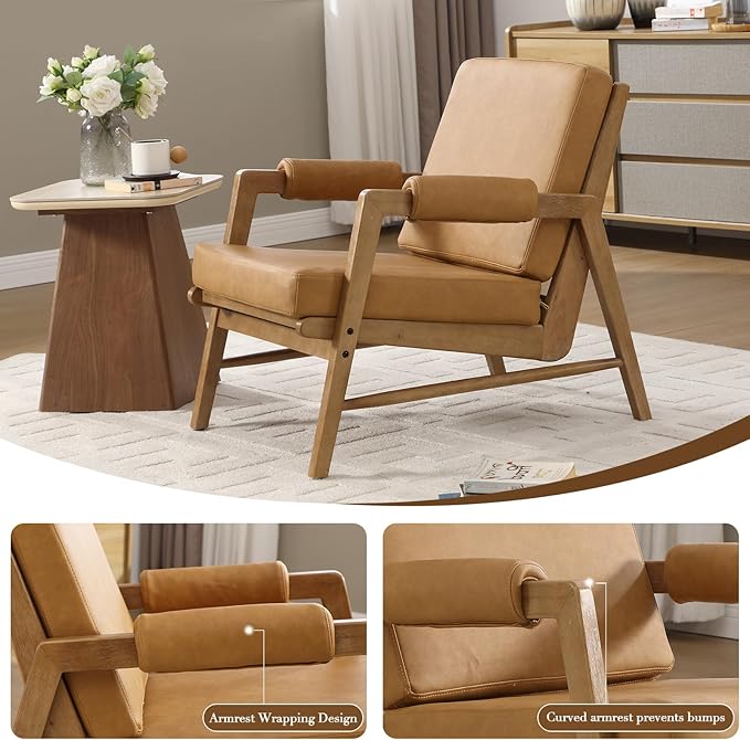 HEAH-YO Modern Accent Chair, Upholstered PU Leather Living Room Chair with Wooden Frame, Comfy Armchair with Thick Cushion for Bedroom Balcony, Brown