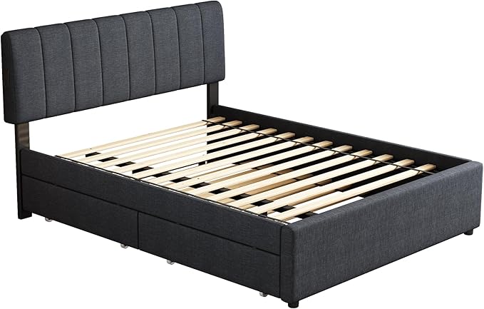 Full Size Upholstered Platform Bed with Trundle & 2 Drawers and 1 Sets of USB, Linen Fabric Full and Twin Double Bed w/LED Lights with APP for Bedroom,Dark Gray