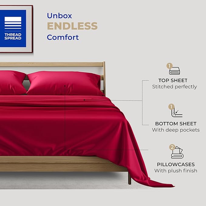 THREAD SPREAD 400 Thread Count King Cotton Sheets - 4 PC King Size Bed Sheet Set Cotton (Cherry Red), Soft, Cooling, Hotel-Quality 16" Deep Pocket Sateen Bedsheet for Hot Sleepers (Fits 18" Mattress)