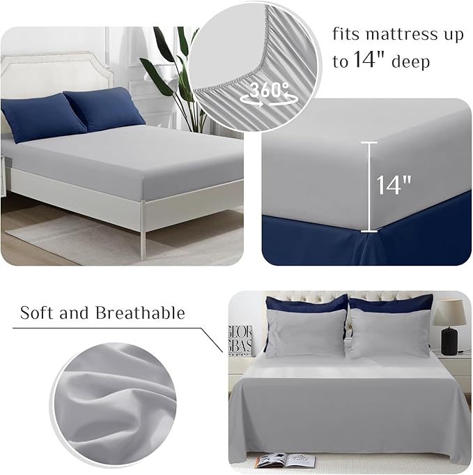 JOLLYVOGUE California King Comforter Set, Ultra-Soft Cal King Size Comforter Sets, 7-Piece Bed in a Bag, Goose Down Alternative, Oeko-TEX Certified, Sheets & Pillowcases, Navy Blue & Light Grey
